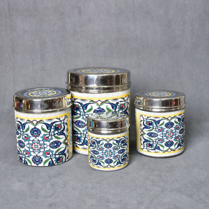 Stainless Steel Blue Abstract Printed Jar Set Of 4