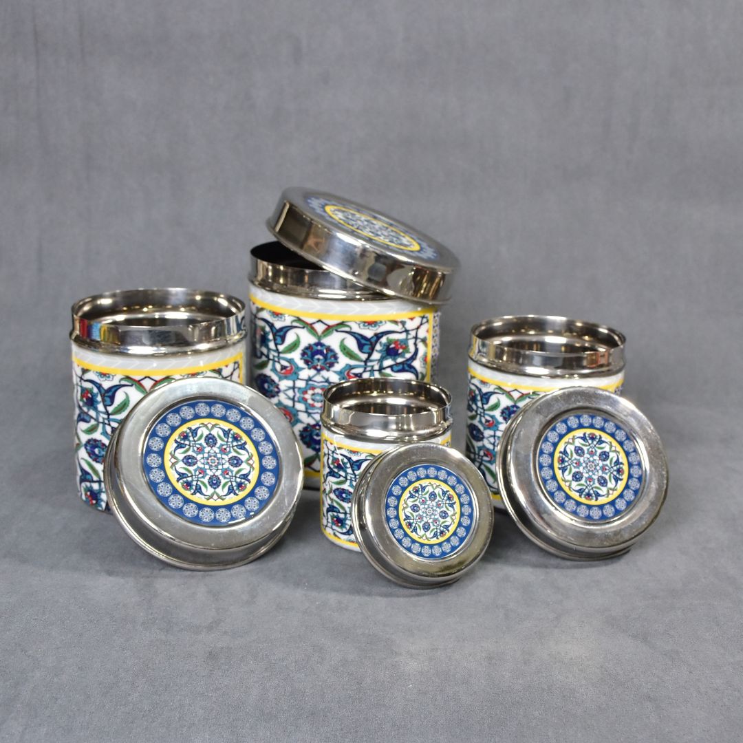 Stainless Steel Blue Abstract Printed Jar Set Of 4