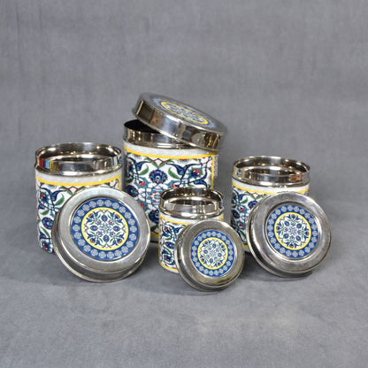 Stainless Steel Blue Abstract Printed Jar Set Of 4