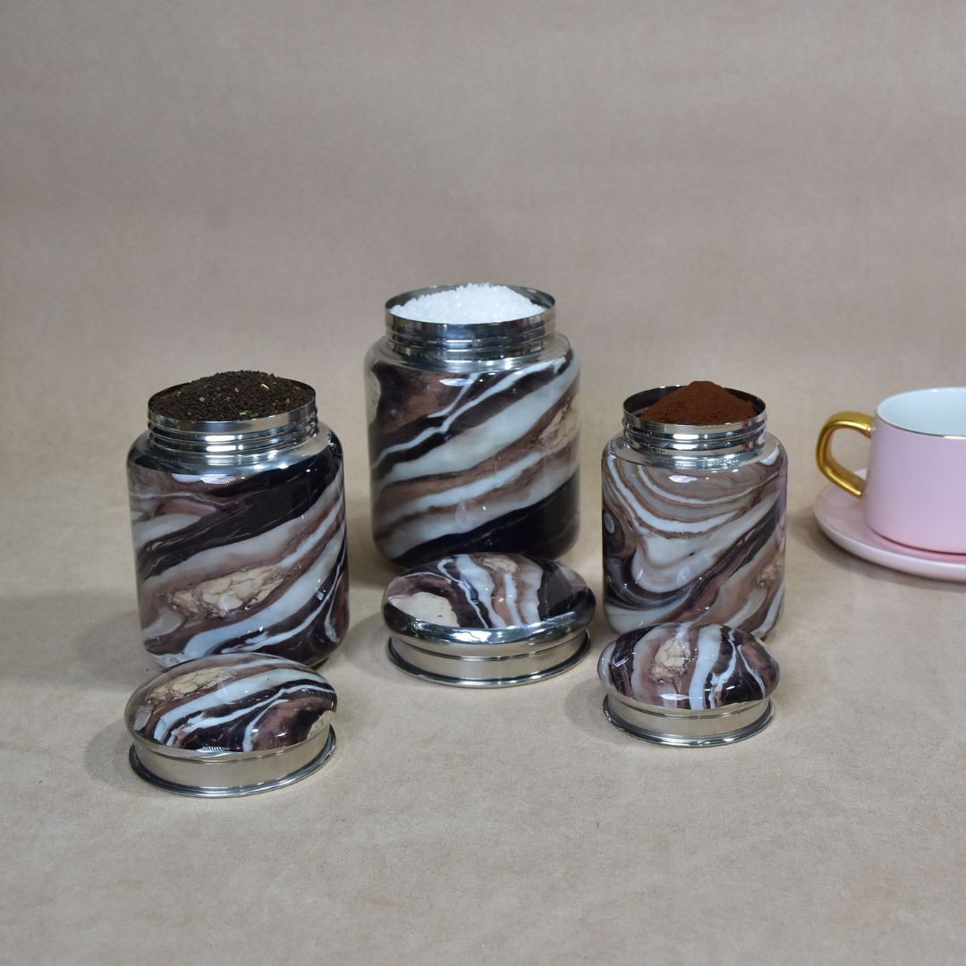Stainless Steel Brown Printed Jar Set Of 3