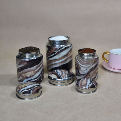 Stainless Steel Brown Printed Jar Set Of 3