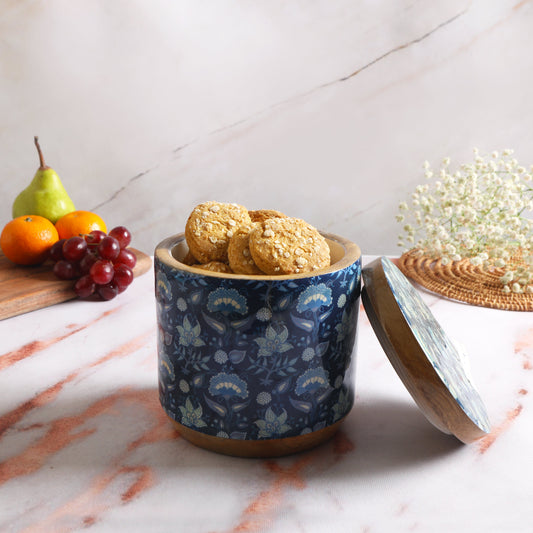 Blue Printed Enamel Mango Wooden Jar