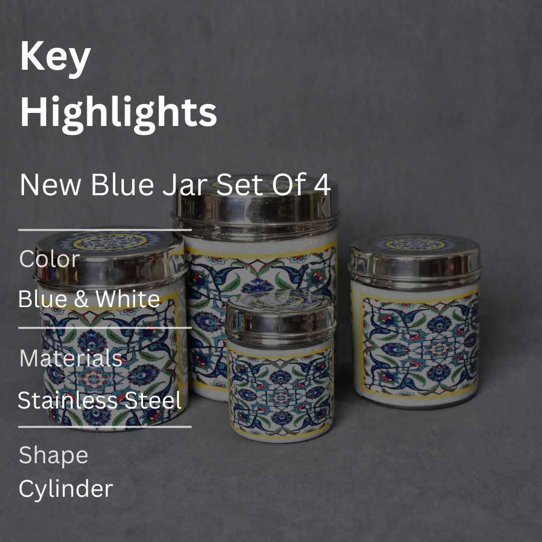 Stainless Steel Blue Abstract Printed Jar Set Of 4